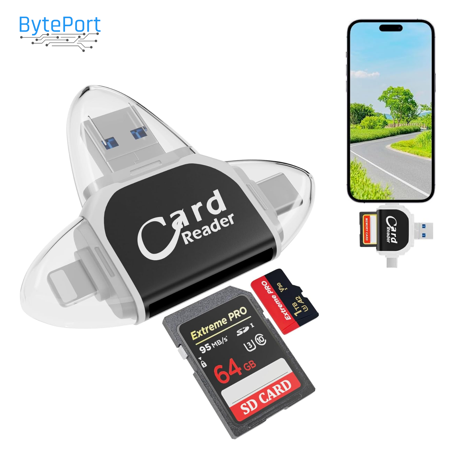 BytePort™ | 4-in-1 SD Card reader – USB-C & USB 3.0
