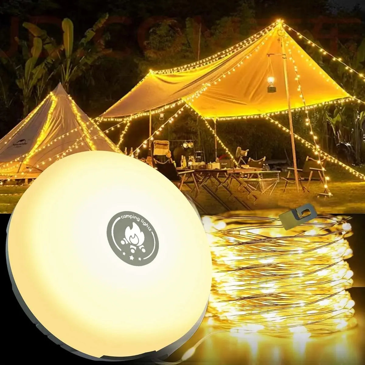 GlowNest™ | 4-in-1 Camping Light with RGB String Lights, Lantern, Flashlight & Power Bank