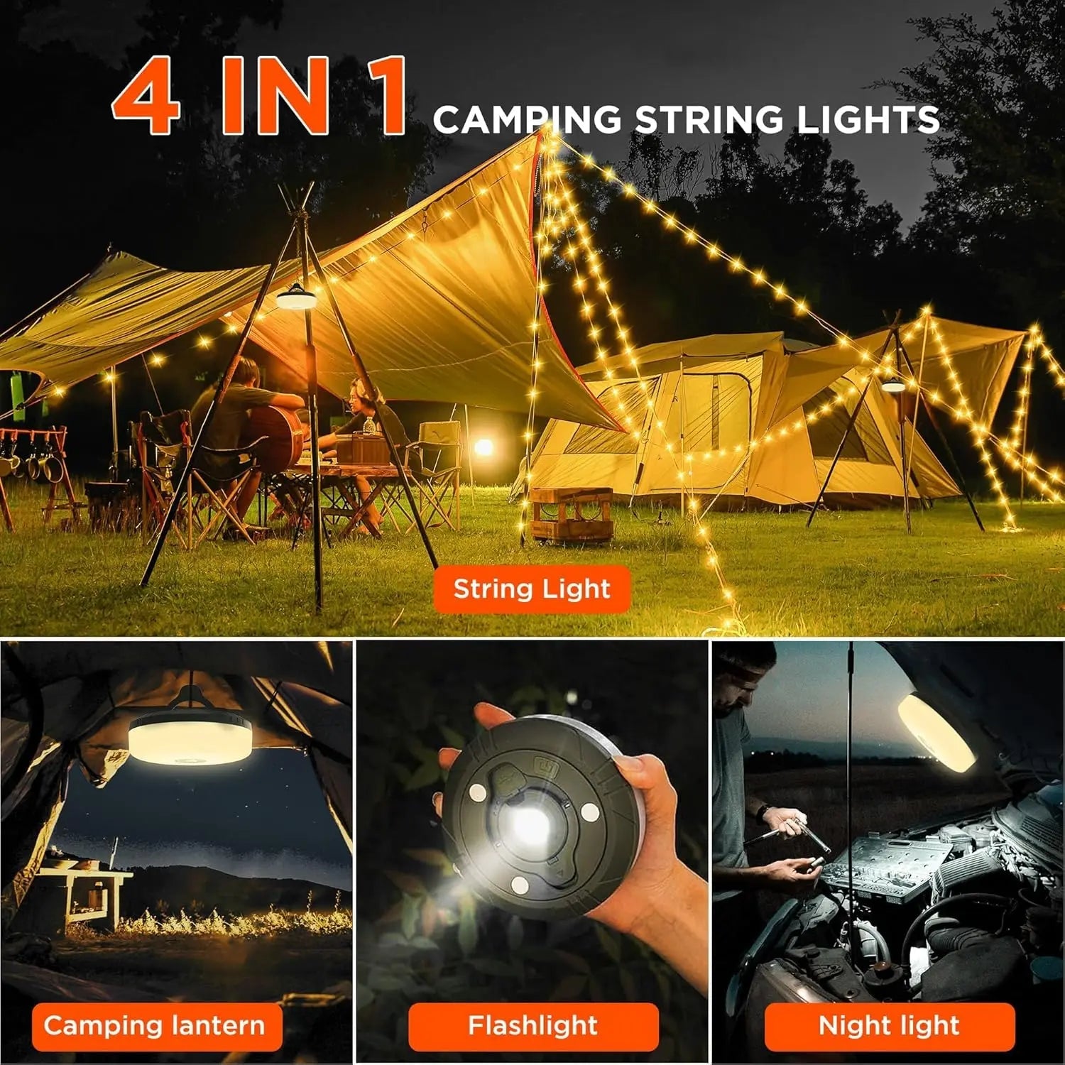GlowNest™ | 4-in-1 Camping Light with RGB String Lights, Lantern, Flashlight & Power Bank