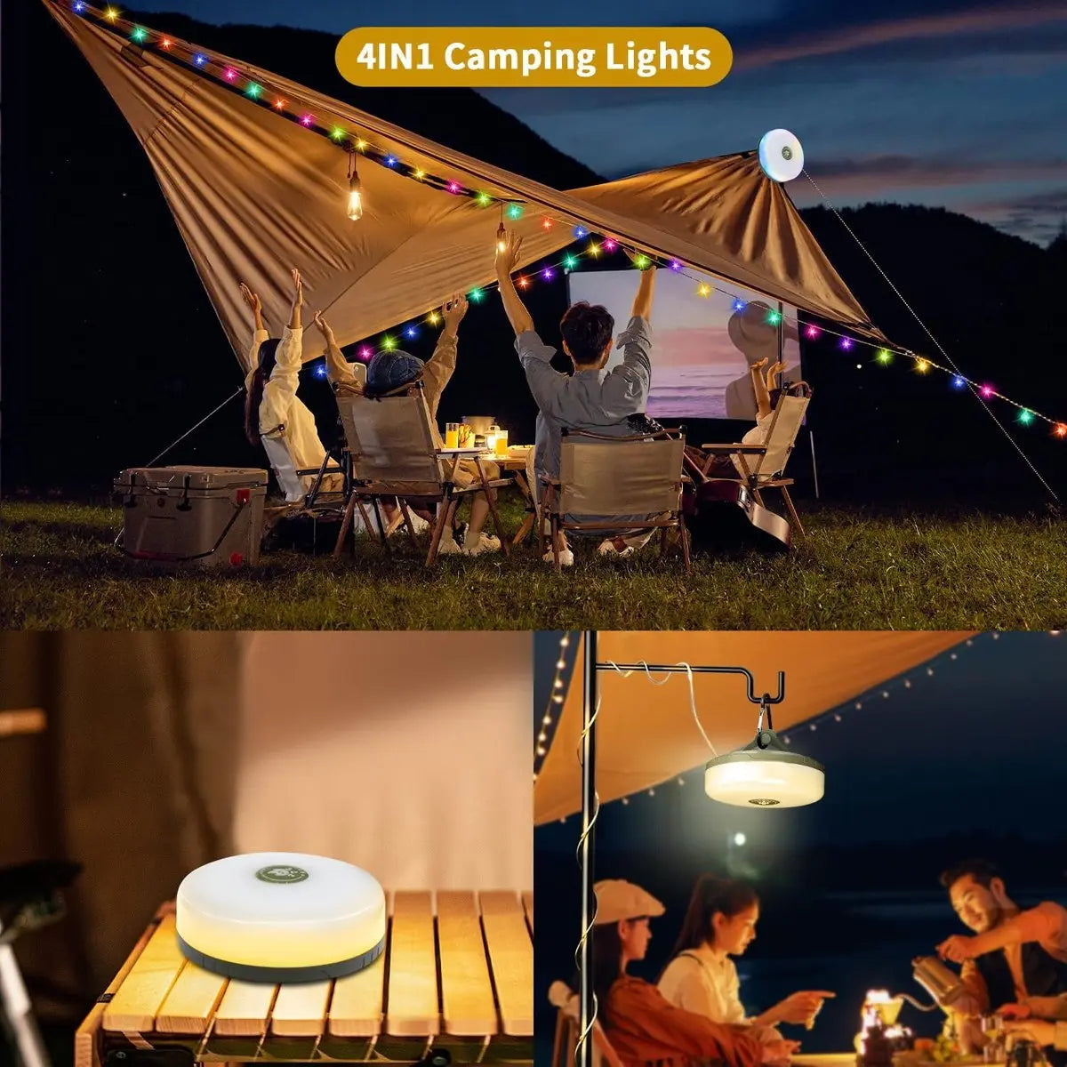 GlowNest™ | 4-in-1 Camping Light with RGB String Lights, Lantern, Flashlight & Power Bank