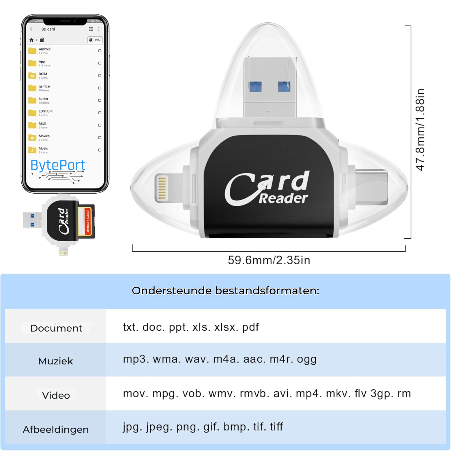BytePort™ | 4-in-1 SD Card reader – USB-C & USB 3.0