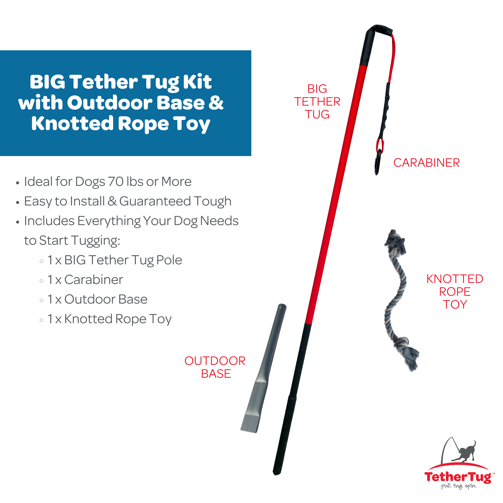 TetherTug™ XL – Outdoor Tug Toy Kit for Dogs 70 lbs+