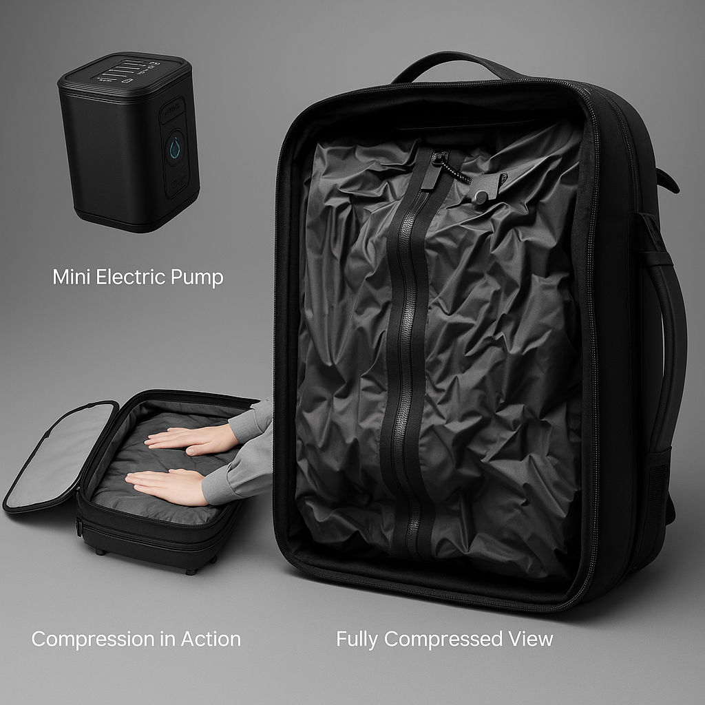 Travel backpack with vacuum pump