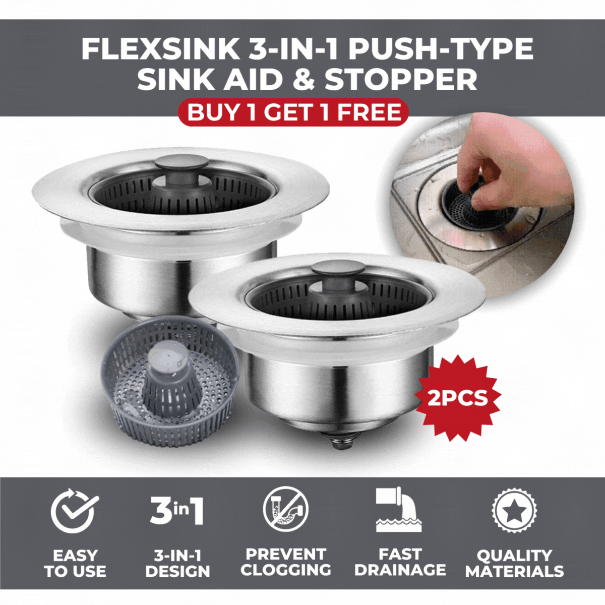 Flexsink 3-in-1 Push-Type Sink Aid &amp; Stopper | BUY 1 GET 1 FREE (2PCS)